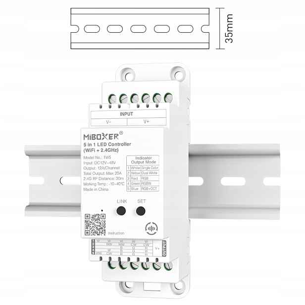 MiBoxer TW5 Led ovladač na Din lištu WiFi+2,4G Mono/cct/rgb/rgbw/rgb+cct