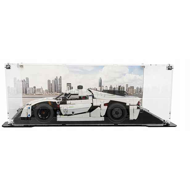 Vitrína s černou základnou a pozadím pro stavebnici Lego 42184 Koenigsegg Jesko