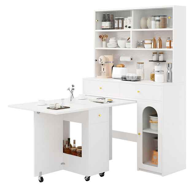 Modenvie BUFFET sestava z MDF, bílá, skříň 120/45/180 cm a sklápěcí stůl 120/75/75 cm