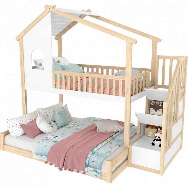 Redom PALANDA 90/200 + 140/200 cm s bezpečnostním zábradlím, úložným schodištěm a okénkem, Přírodní/Bílá