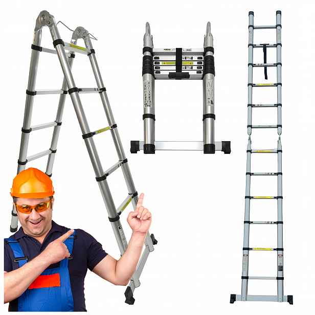 Žebřík Teleskopický skládací příložný 3,8 M, výsuvný, 150 kg 6+6