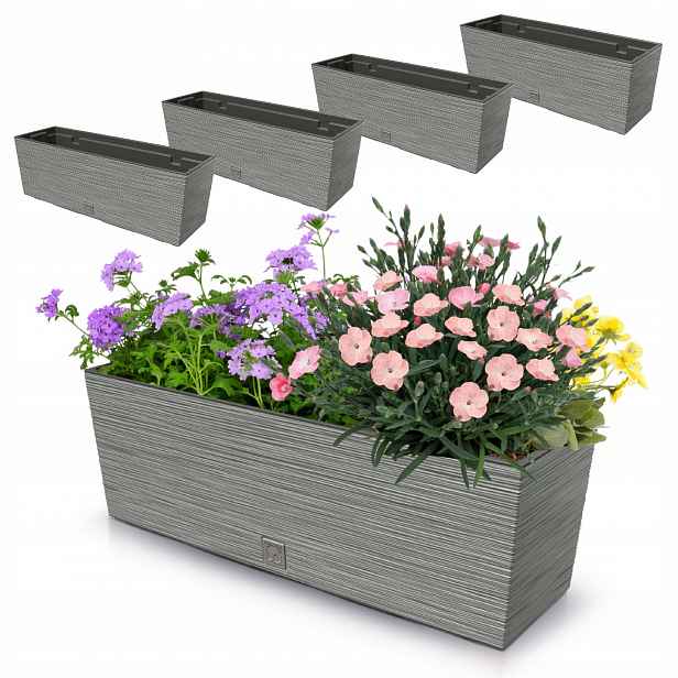 4x Květináč 18L balkonový truhlík 58x19,5 cm šedý prostorná vložka 12L