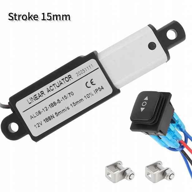 12V Lineární Aktuátor, Zdvih 15 mm, Rychlost 5 mm/s, Síla 188 N – Pro Skříně/Zásuvky/Automatizaci