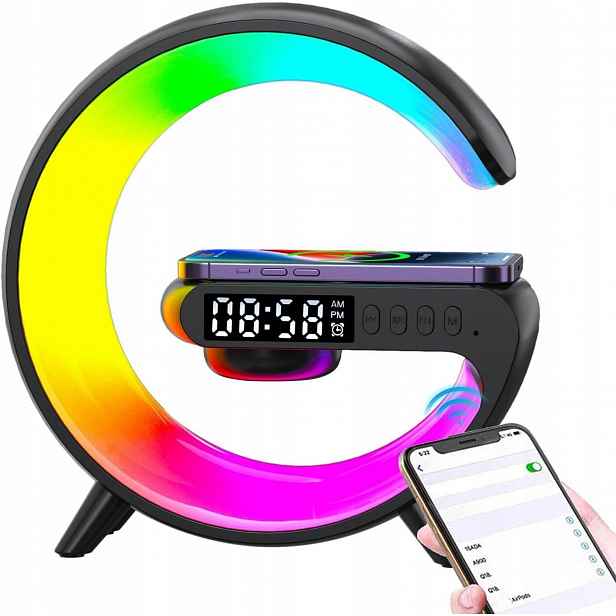 Led lampa Bluetooth reproduktor Indukční nabíječka 15W Rgb Atmosféra G-Shape