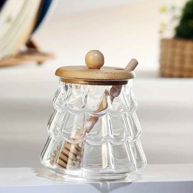 TEMU Domácí průhledná skleněná nádoba na med s víčkem, míchací tyčinkou, kreativní velkokapacitní skleněná láhev, nádoba na sirup, nádoba na med,