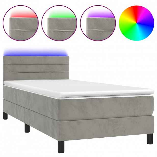 vidaXL Box spring postel s matrací a LED světle šedá 90x190 cm samet