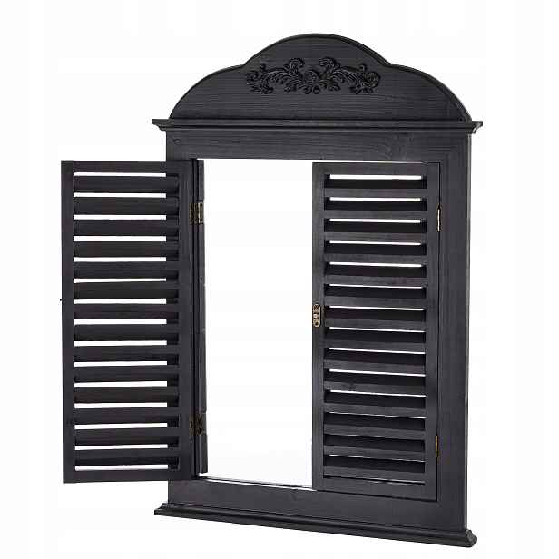 Zrcadlo s okenicemi, černé žaluzie, okno Shabby Chic Loft, okenice, dřevo