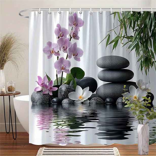TEMU 1 ks Zklidňující Zen sprchový závěs s víceúrovňovými černými kameny a elegantní bílou orchidejí v zelených na jasném bílém pozadí, fotografováno