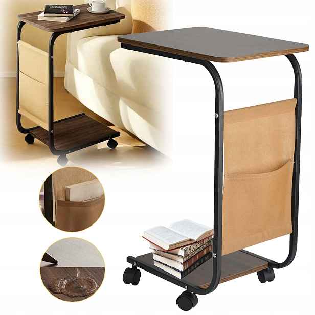 Boční Stolek S Kolečky A Kapsou 63 CM, Tvar C, Mobilní Pod Pohovku/postel