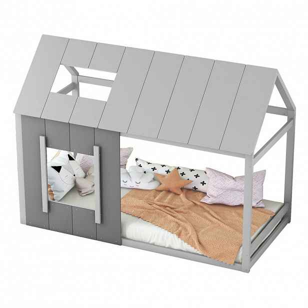 Redom DĚTSKÁ postýlka 90/200 cm s domkovým designem, střechou a oknem, stabilní rám z borovice a MDF, Šedá