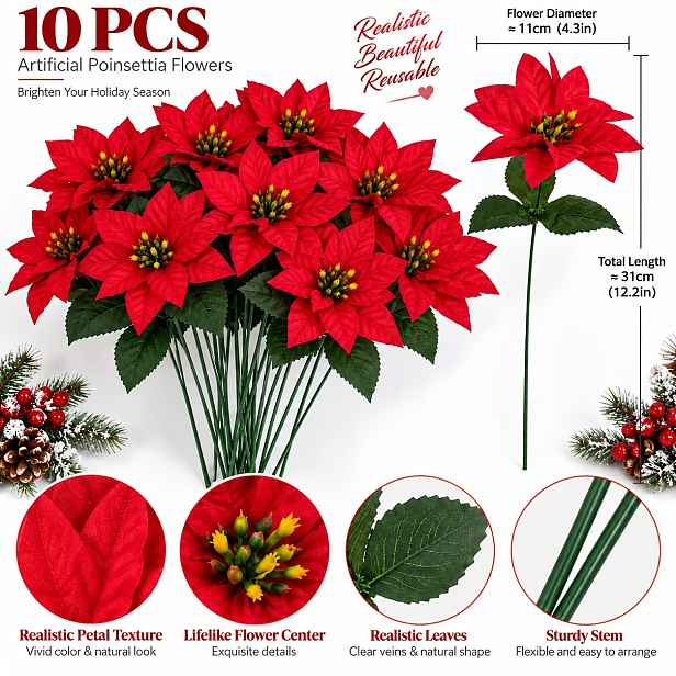 TEMU 10 ks Umělé červené stromečky Poinsettia, umělá stromeček Poinsettia s stonky na vánoční stromeček, věnec, girlandu, vánoční večírek a domácí