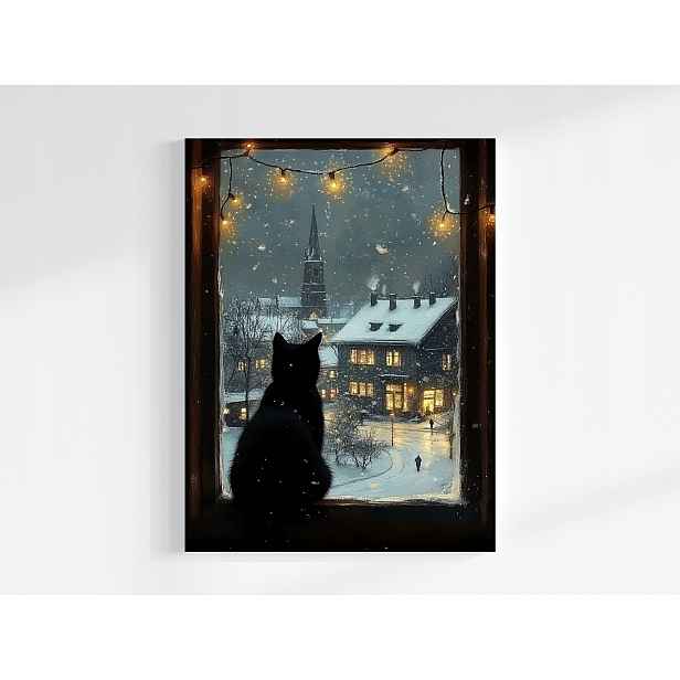 Obraz Na Plátně Canvas Okno Pohled Na Město Zima Noc Černá Kočka Divák 60x80