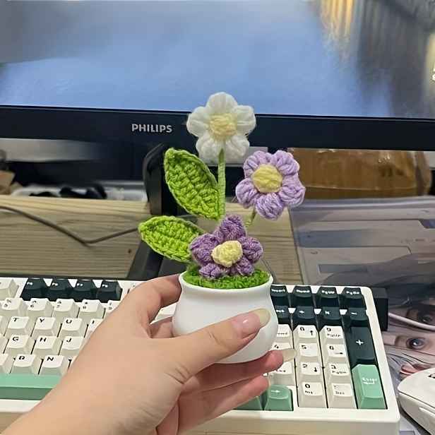 TEMU 3D Ručně Háčkovaná Sada Kaktusu a Květináče - Realistické Umělé Rostliny se Zeleným Listím, Růžová, Žlutá, Červená, Fialová, Hnědá - Bezúdržbová
