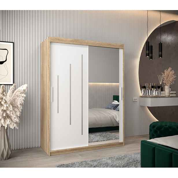 Šatní skříň se zrcadlem ROZALIE - šířka 150 cm, dub sonoma / bílá