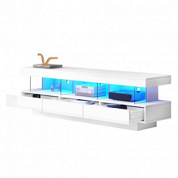 Redom TV stolek 160/38/50,5 cm s LED osvětlením, ovládáním přes aplikaci, Bluetooth a 3 skleněnými policemi, Bílá