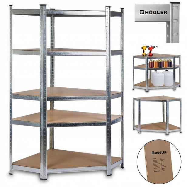Kovový regál skladový Rohový garážový 180x90x40 cm 875 kg 5 Polic Högler
