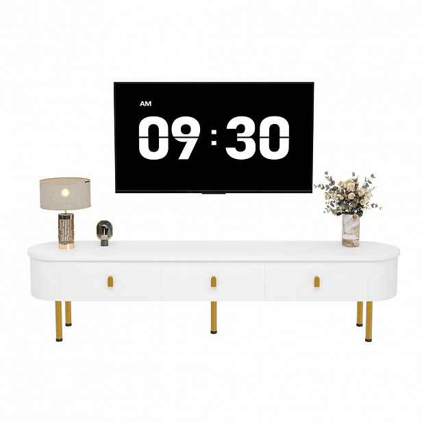 Redom TV stolek 174/35/41 cm s 3 zásuvkami, zaoblenými hranami a zlatými detaily, Bílá