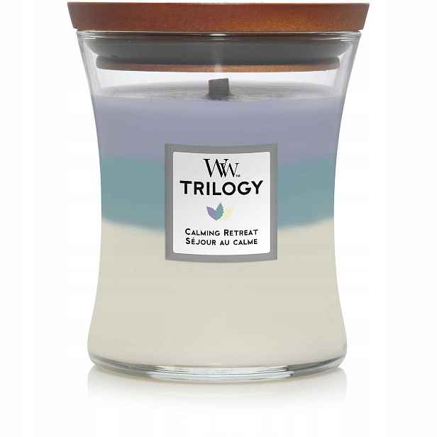 Calming Retreat Woodwick Trilogy – střední svíčka s dřevěným knotem