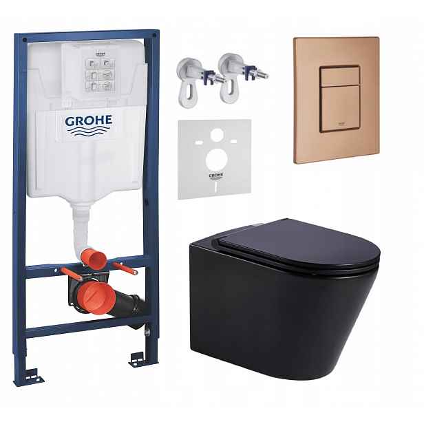Wc sada Grohe s mísou Jess Černá a tlačítkem kartáčovaná měď Fresh