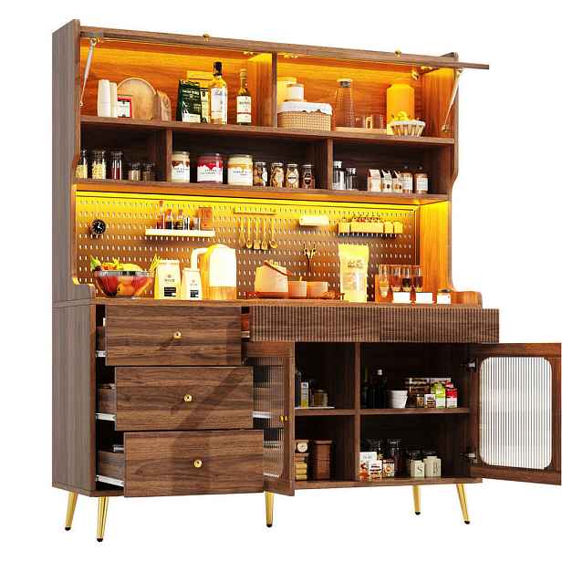 Modenvie BUFFET skříň z MDF a skla, 145/39/171 cm, ořechová, s RGB LED osvětlením