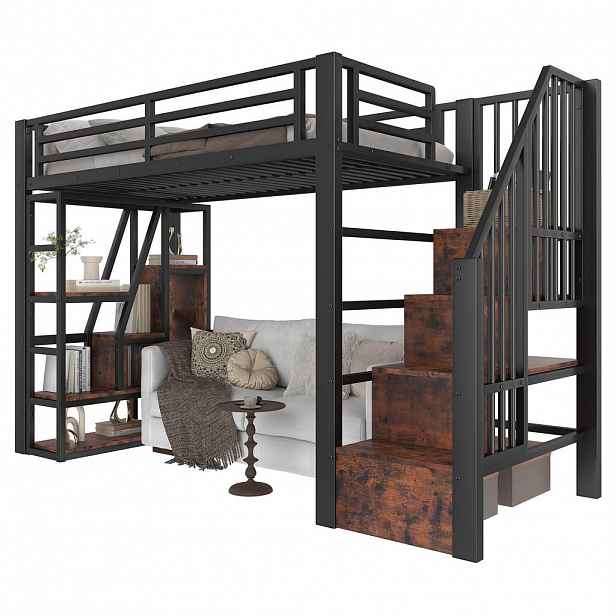 STILVORA HOCHBETT 90/200 cm in Schwarz Kinderbett mit Regal, Stauraumtreppe und LED