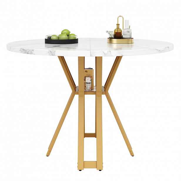 Modfu JÍDELNÍ stůl z MDF a kovu 100x100x76 cm bílá/zlatá s mramorovým dekorem a nastavitelnými nožkami