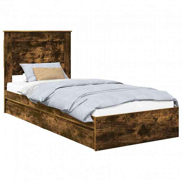 vidaXL Postel s úložným prostorem se zásuvkou Kouřový dub 90 x 190 cm