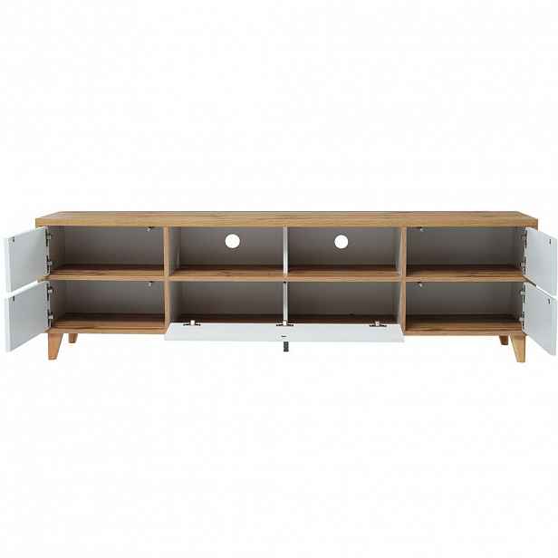 Redom TV stolek 175/37/51 cm se 4 dvířky, úložným prostorem a dřevěnými nohami, Bílá
