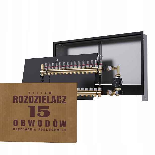 Rozdělovač pro podlahovku 15 okruhů se skupinou Grundfos podomítkový černý