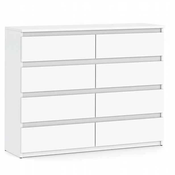 Bílá Komoda S 8 Zásuvkami 120 CM, Moderní Bezúchytková Skříňka Do Obývacího Pokoje