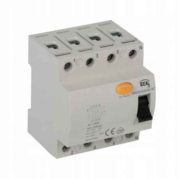 Proudový spínač Ideal KRD10 4P 40A 30mA Ac TH35 IP20