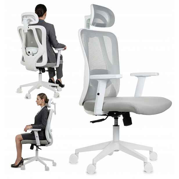 Ergonomická kancelářská židle šedo-bílá s nastavitelnými područkami a opěrkou hlavy