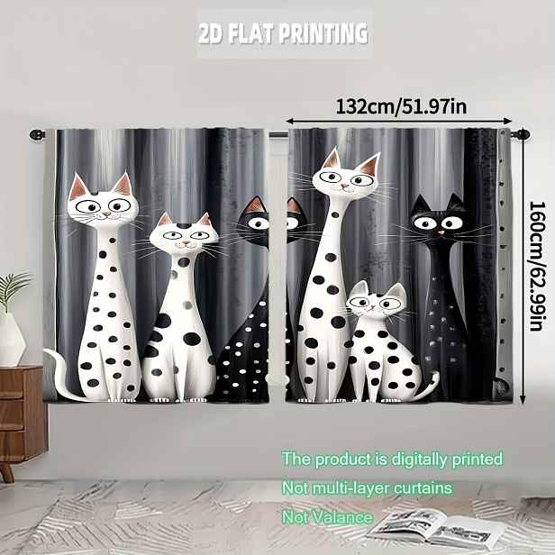 TEMU 2D ploché - 2D ploché - 2 ks, 2D ploché potisk Whimsycat Polyesterové závěsy Snadná instalace (Bez tyče, žádné pohyby, bez baterie) Domácí