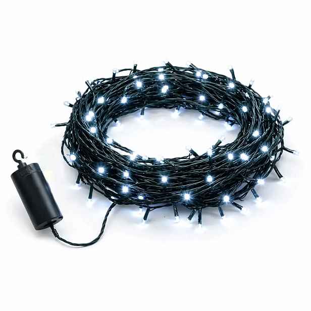 LED světýlka na baterie, venkovní, 10,2 m, ledově bílá, 100 diod, tmavě zelený kabel, IP44, 4× AA