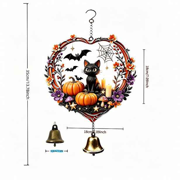 TEMU 1 ks Vějíř ve tvaru srdce s černou kočkou, ozdoba větrných zvonků, dekorace s dýní, netopýrem a pavučinou na Halloween, vintage kovový odolný