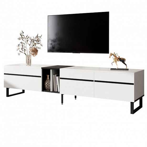 Redom TV stolek 180 cm s klopným boxem, otevřeným prostorem a dvířky, stabilní nohy s nastavením, Bílá