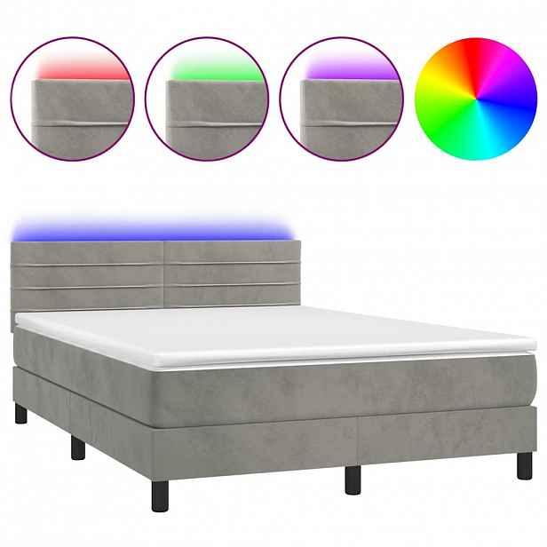 vidaXL Box spring postel s matrací a LED světle šedá 140x190 cm samet