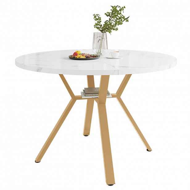 Modfu JÍDELNÍ stůl 100x100x75 cm bílý a zlatý z MDF a oceli s mramorovým dekorem a X podnoží