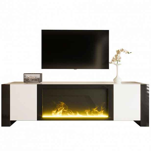 Redom TV stolek 165/32/55 cm s elektrickým krbem, vysoký lesk a úložný prostor, Bílá/Černá