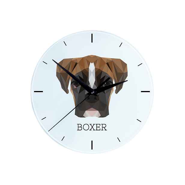 Skleněný boxer – závěsné nástěnné hodiny s geometrickým psem