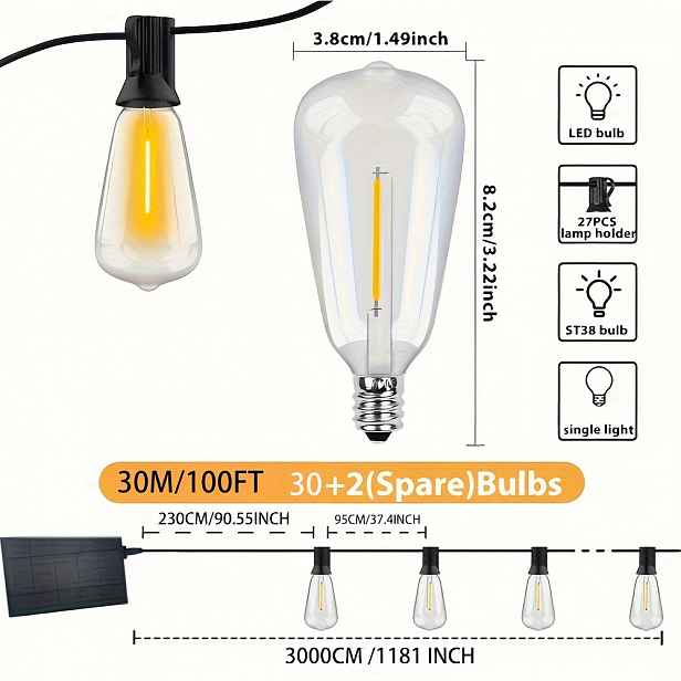 TEMU LECLSTAR 100ft 30+2LED Solární Řetězové Světlo, Venkovní Zahradní LED Pohádková Světla, IP65, 8 Světelných Režimů, Časovač 4/6/8 hodin, Solární