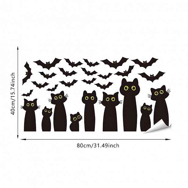 TEMU 1 ks Halloweenská samolepka na sklo s černé kočky a netopýra "Peekaboo", bez lepidla, odnímatelná - "80CM X 40CM" 9 ks roztomilých černých koček