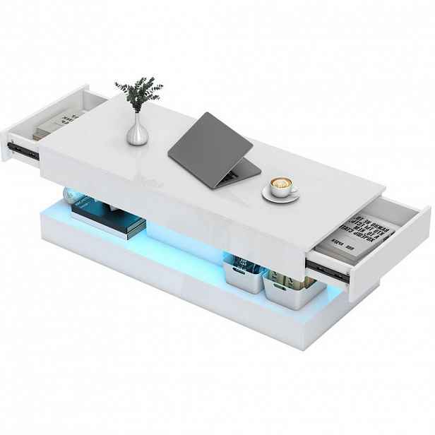 Redom KONFERENČNÍ stolek 120/50/42 cm s LED osvětlením, úložným prostorem a vysokým leskem, Bílá