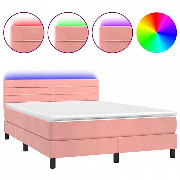 vidaXL Box spring postel s matrací a LED růžová 140x190 cm samet