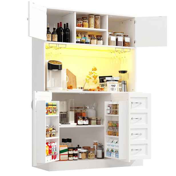 Modenvie BUFFET z MDF, 120/40/188 cm bílý, s LED osvětlením a držáky na nápoje