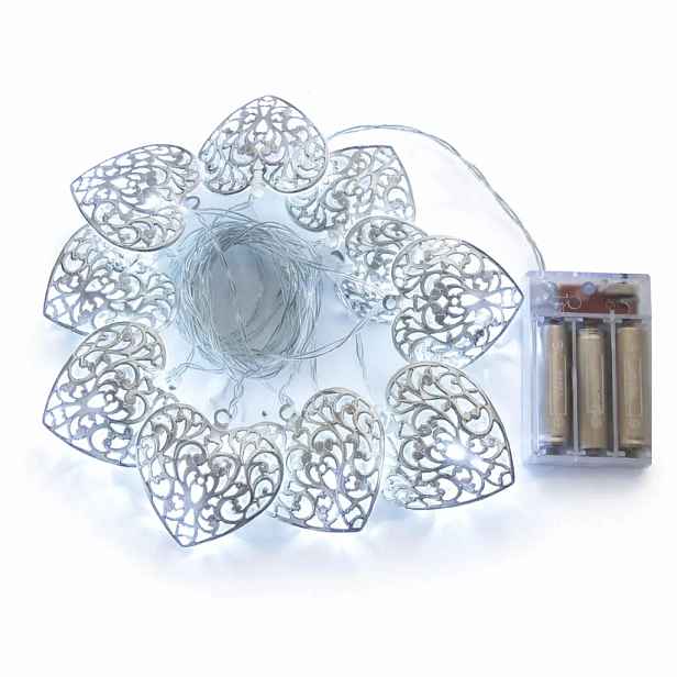 LED světýlka na baterie, 2,5 m, kovová srdce, vintage, ledově bílá, 10 diod, čirý kabel, IP20, 2× AA