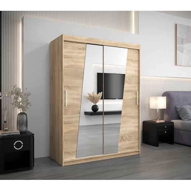 Šatní skříň se zrcadly ELVIRA - šířka 150 cm, dub sonoma