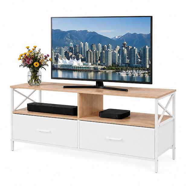 Relaxdays TV-SKŘÍŇKA dřevodekor-bílá látkové zásuvky 120 cm