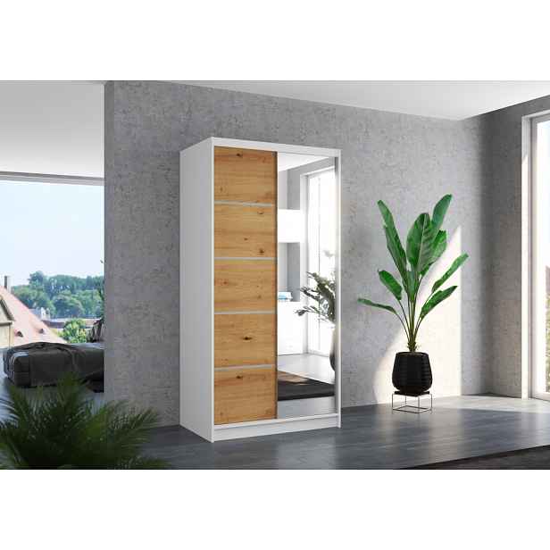 Šatní skříň se zrcadlem 100 cm EADRIX - bílá / dub artisan