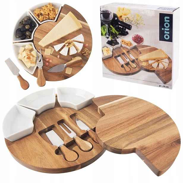 Prkénko na sýry Orion 7 ks s nůžkami a miskami, dřevěná sada 28 cm